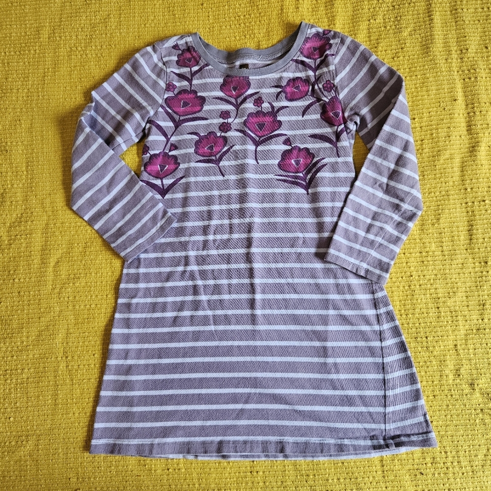 TEA COLLECTION Long Sleeve Dress Striped Floral Purple 100% Cotton Girls 5